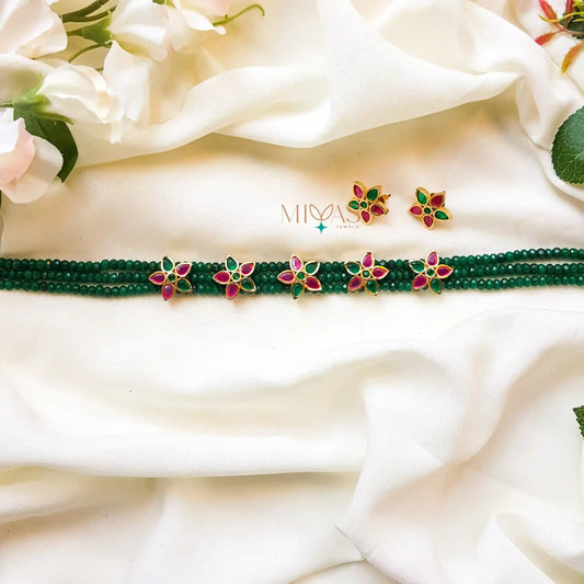 Floral High Neck Choker With Agate - Green