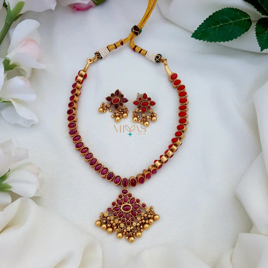 Flower Design Reversible Kemp Necklace - Coral, Ruby