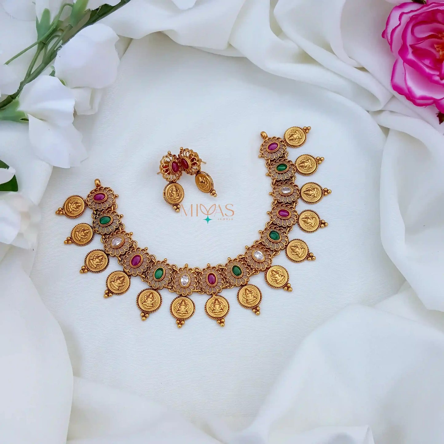 Lakshmi Coin Multi Stone Necklace