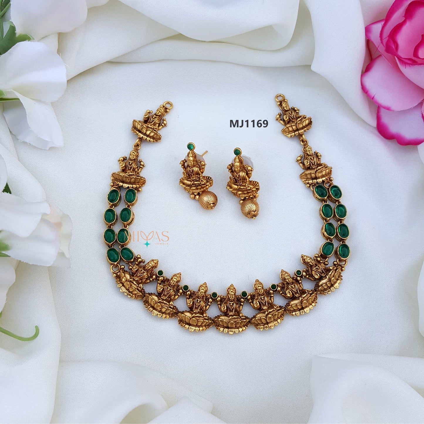 Traditional Lakshmi Motif Green Necklace