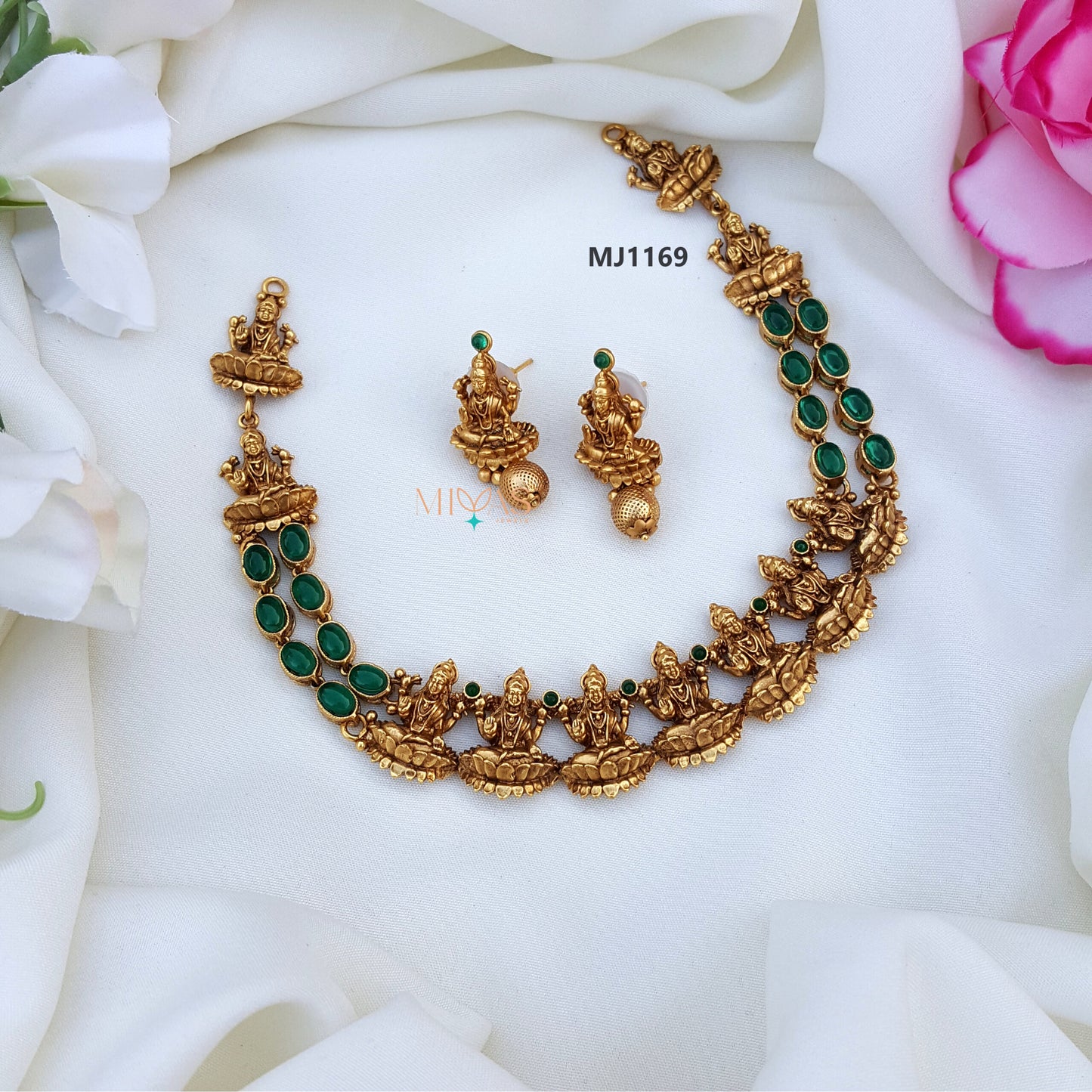 Traditional Lakshmi Motif Green Necklace