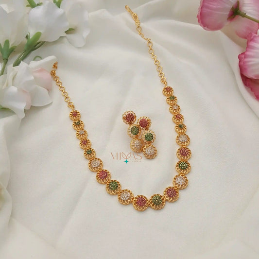 Beautiful Floral Design AD Stone Necklace - Multi