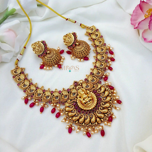 Grand Lakshmi Design Ruby Stone Necklace With Beads