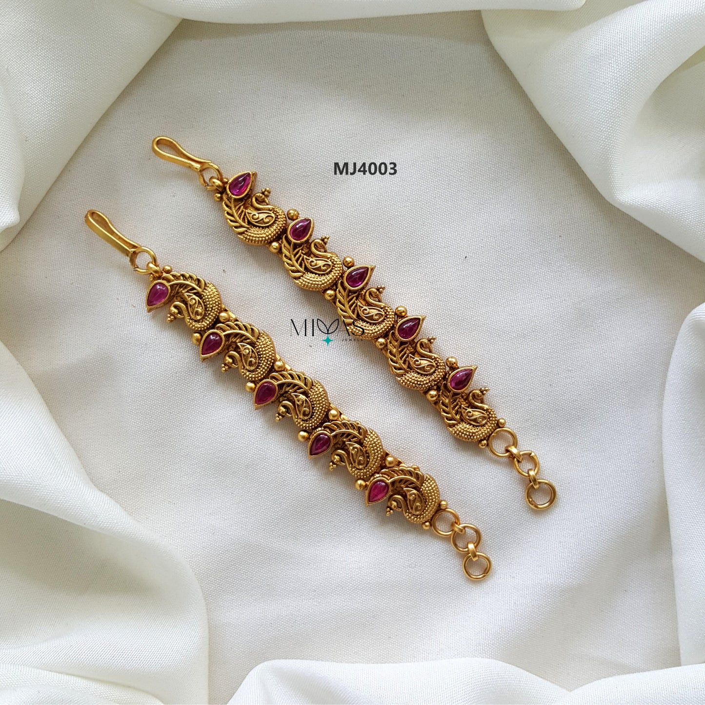 Gold look alike Peacock design Earchain - Ruby