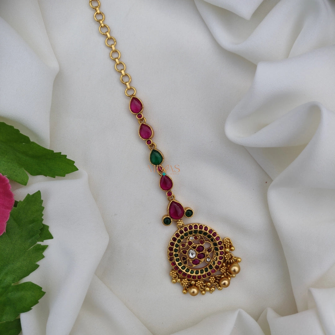 Pretty Peacock Motifs Tikka with Gold Beads