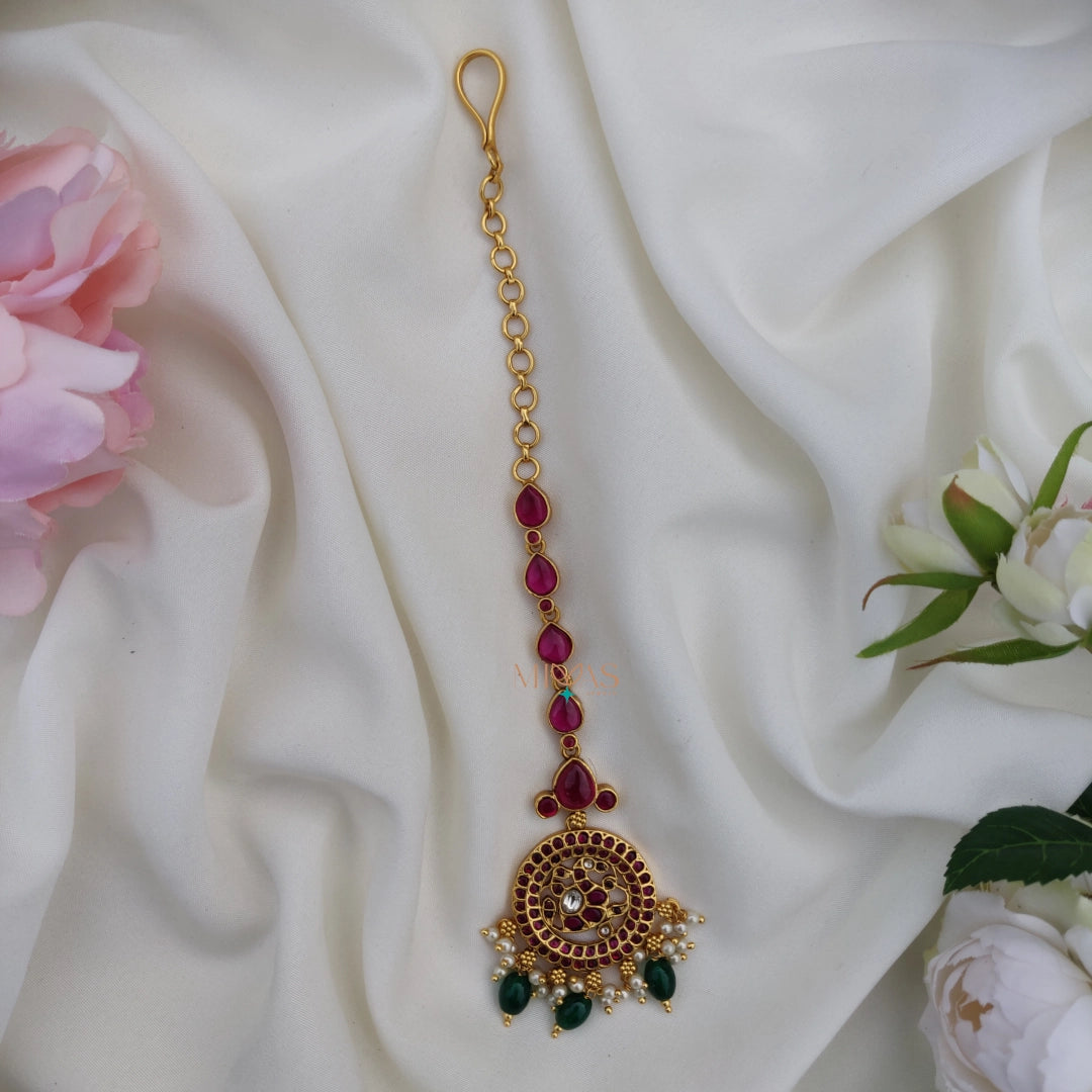 Elegant look Kemp Ruby stone Maang Tikka with Beads