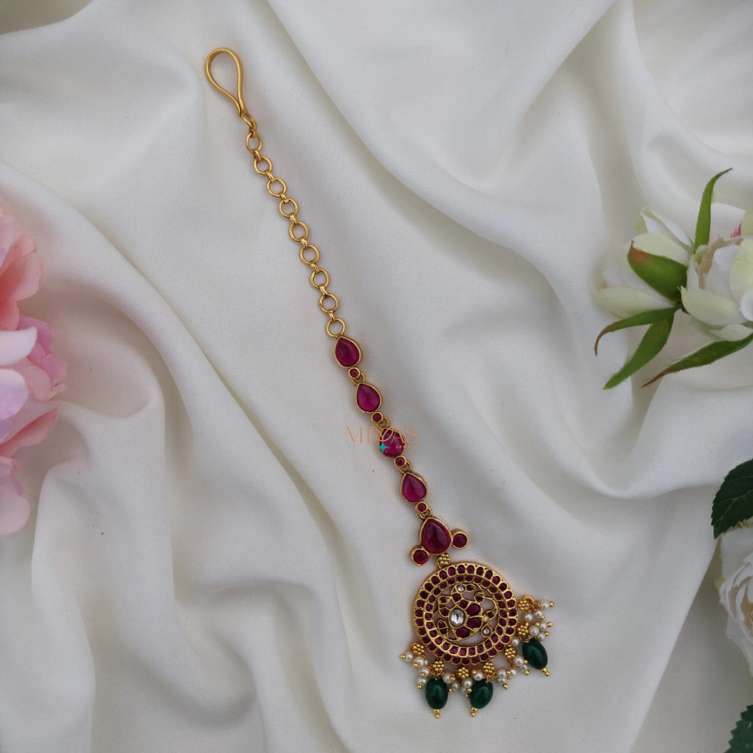 Elegant look Kemp Ruby stone Maang Tikka with Beads