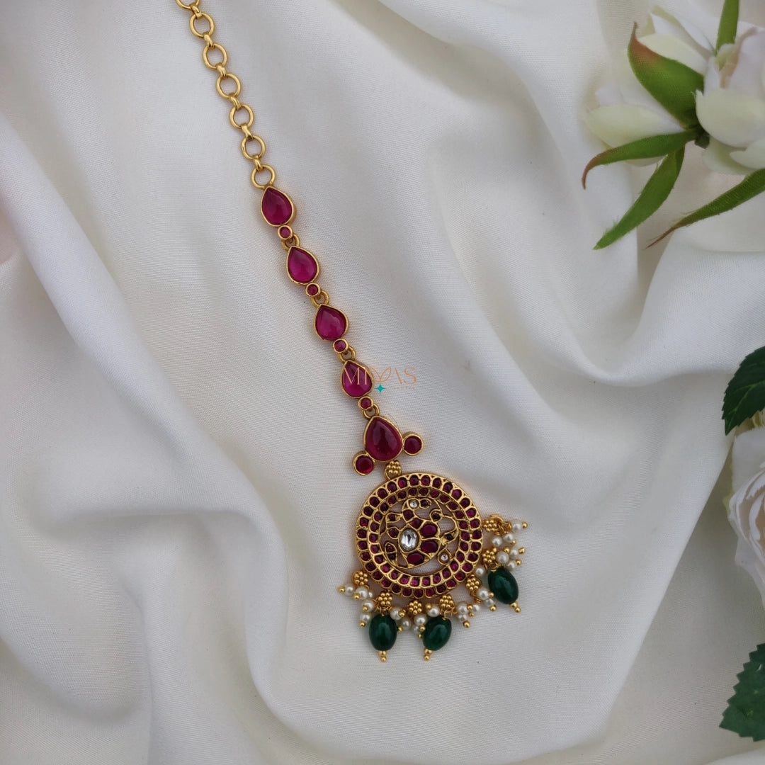 Elegant look Kemp Ruby stone Maang Tikka with Beads