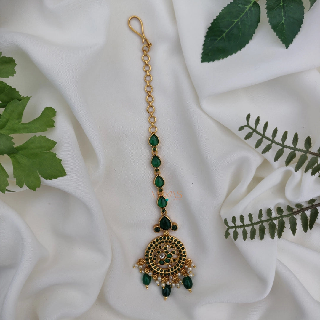 Elegant look Kemp Green stone Maang Tikka with Beads