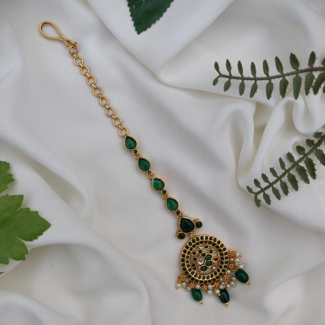 Elegant look Kemp Green stone Maang Tikka with Beads