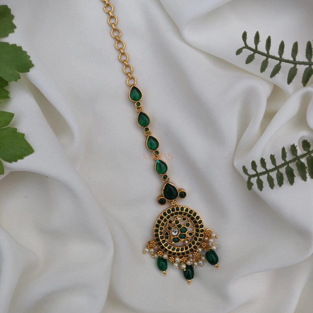 Elegant look Kemp Green stone Maang Tikka with Beads