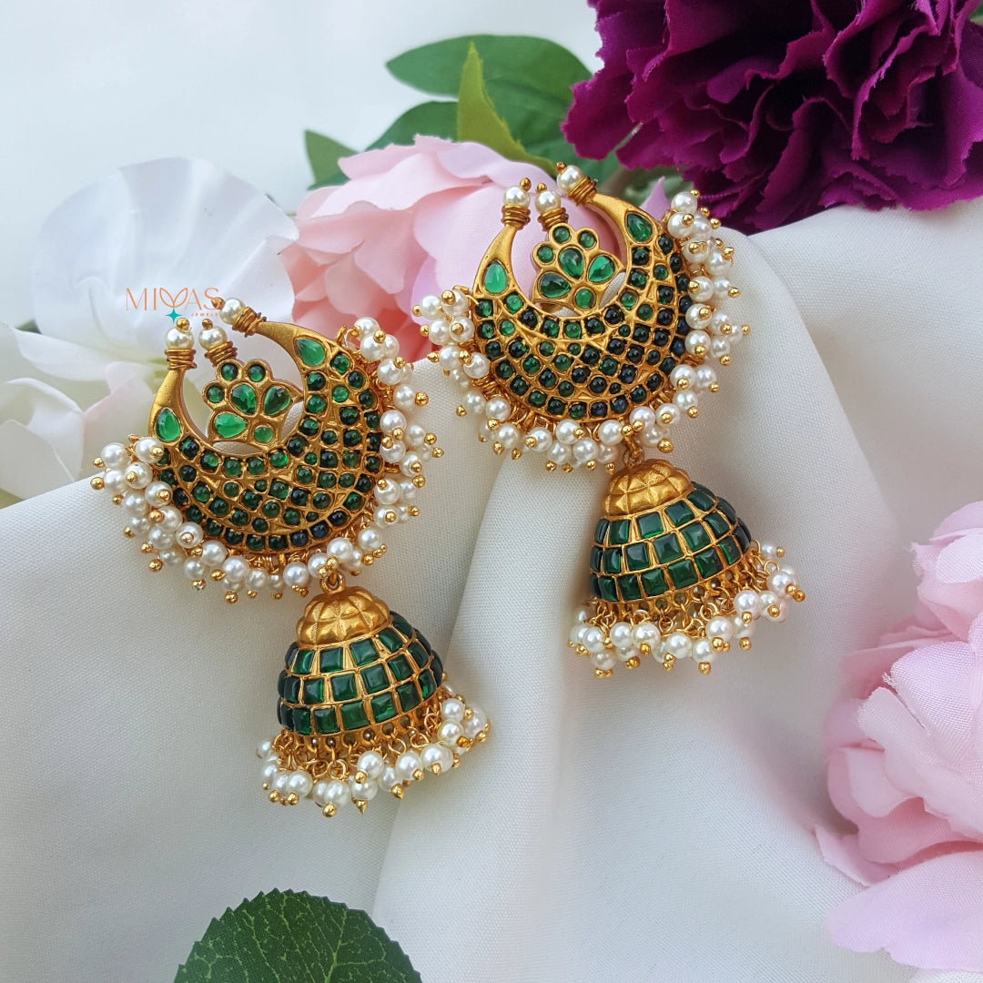 Stylish Crescent Shaped Kemp Stone Jhumka - Green