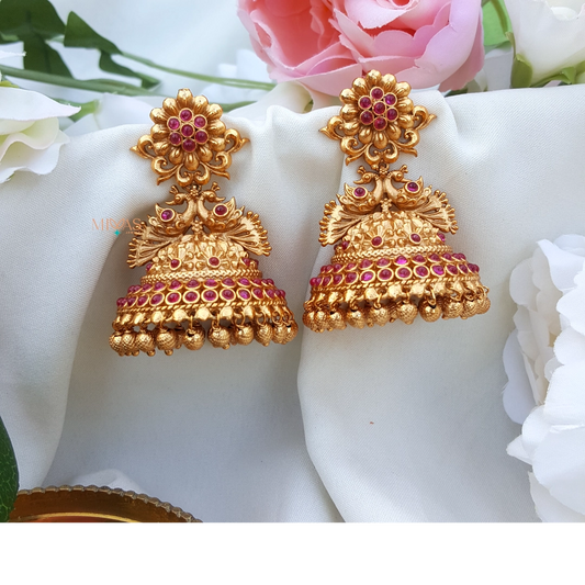 Trendy Matt Finish Peacock Jhumka - Ruby