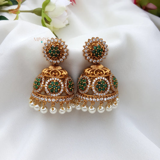 Charming Look AD Stone Jhumka - Green