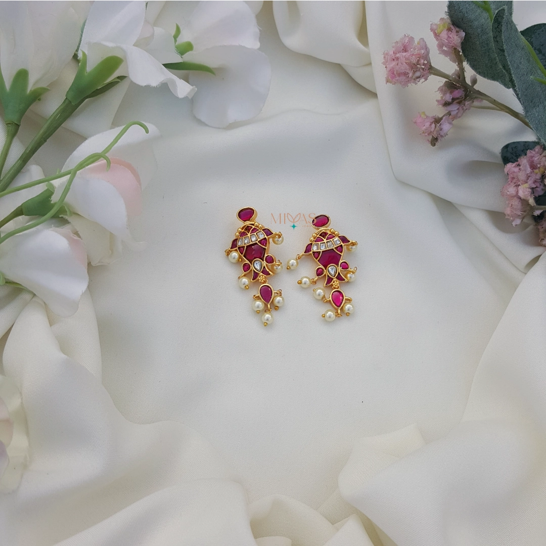 Trendy Fish Design Kundan Jadau Earring - Ruby