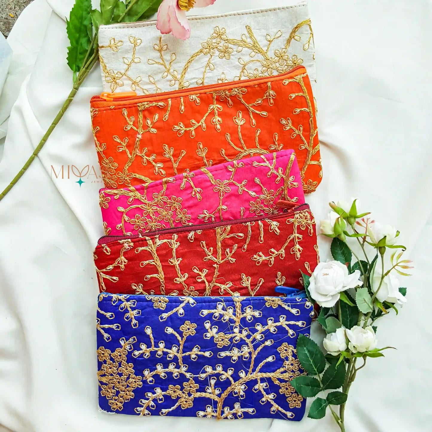 Flower Zari Work Single Zip Assorted Colour Purse