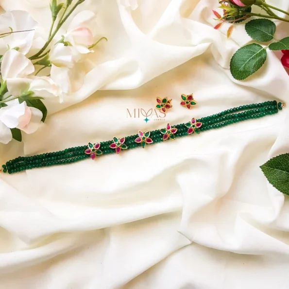 Floral High Neck Choker With Agate - Green