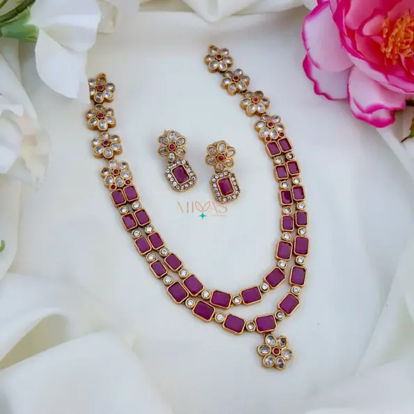 Two Layer Square Stone Floral Necklace