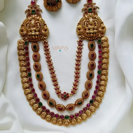 Traditional Lakshmi Design Kemp Stone 3Layer Haram