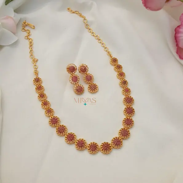 Beautiful Floral Design AD Stone Necklace - Ruby