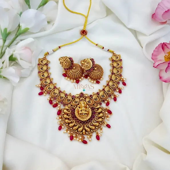 Grand Lakshmi Design Ruby Stone Necklace With Beads