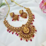 Grand Lakshmi Design Ruby Stone Necklace With Beads-MJ1402-2